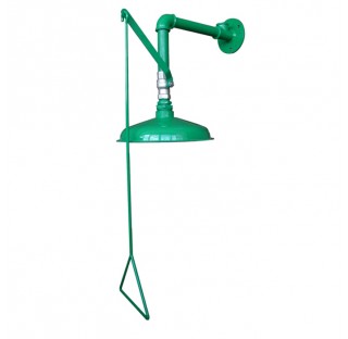 Douche de securite murale usage interieur, commande manuelle, fixation murale, pomme ABS vert RAL602